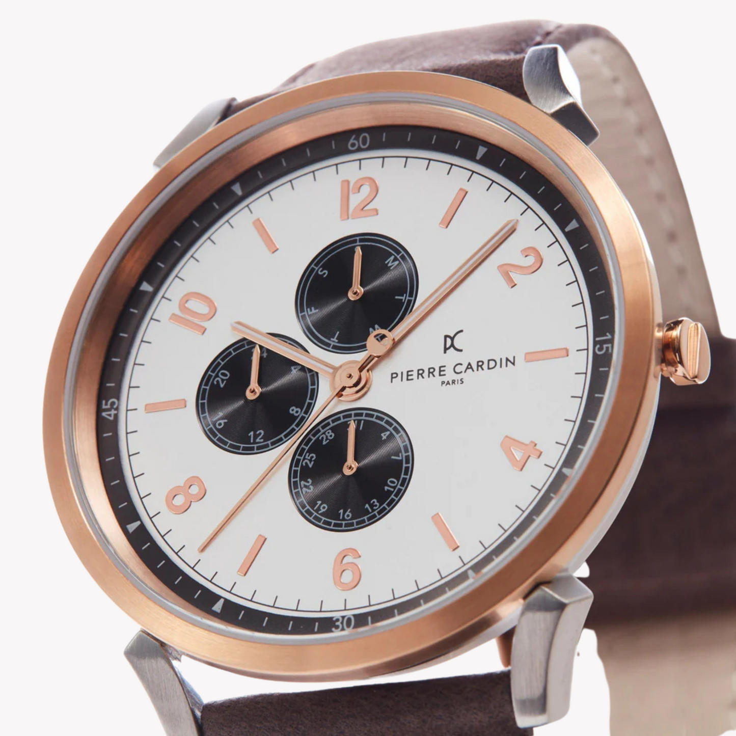 Pierre Cardin Men's Silver & Rose Gold Watch, Brown Leather | Cpi.2022
